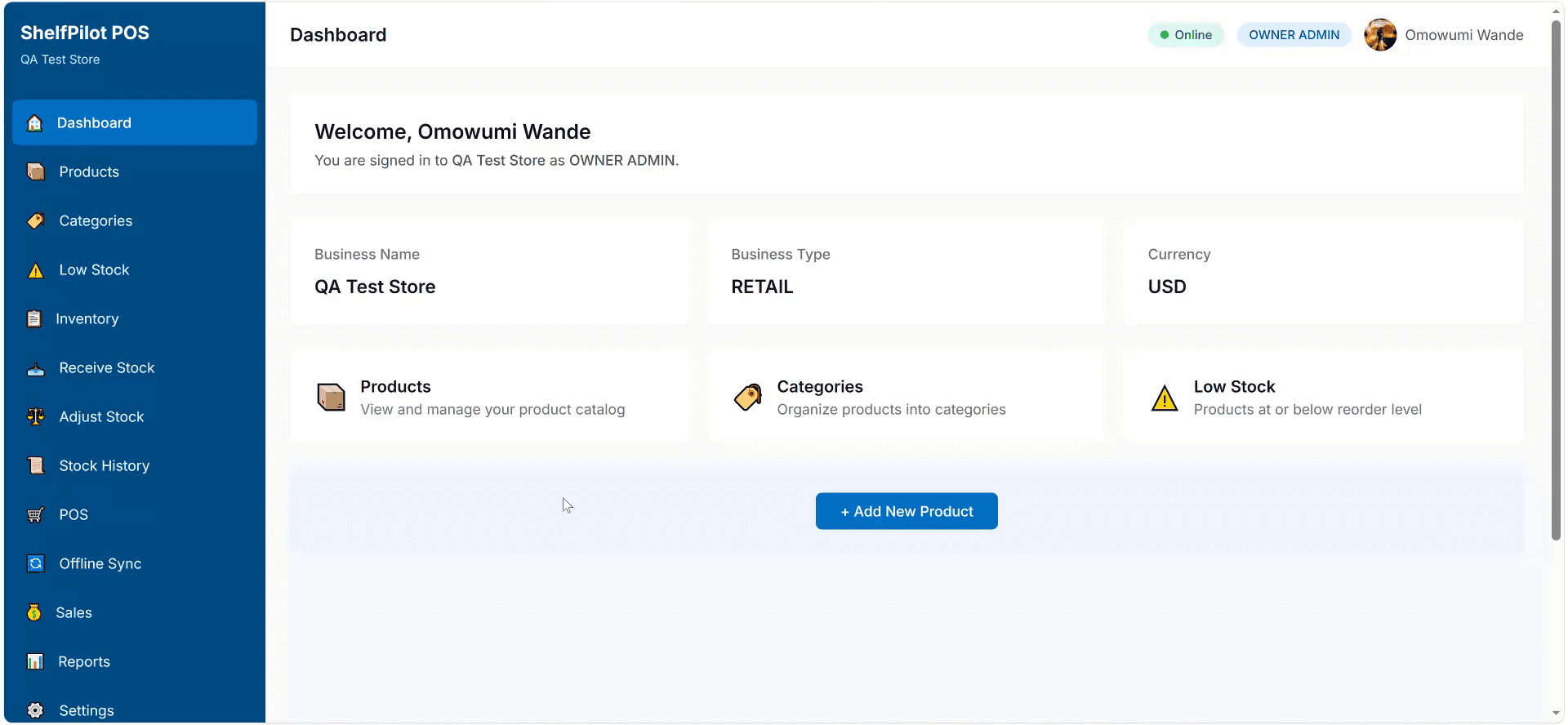 ShelfPilot POS executive dashboard showing sales overview, inventory status, low-stock alerts, and quick access to POS checkout