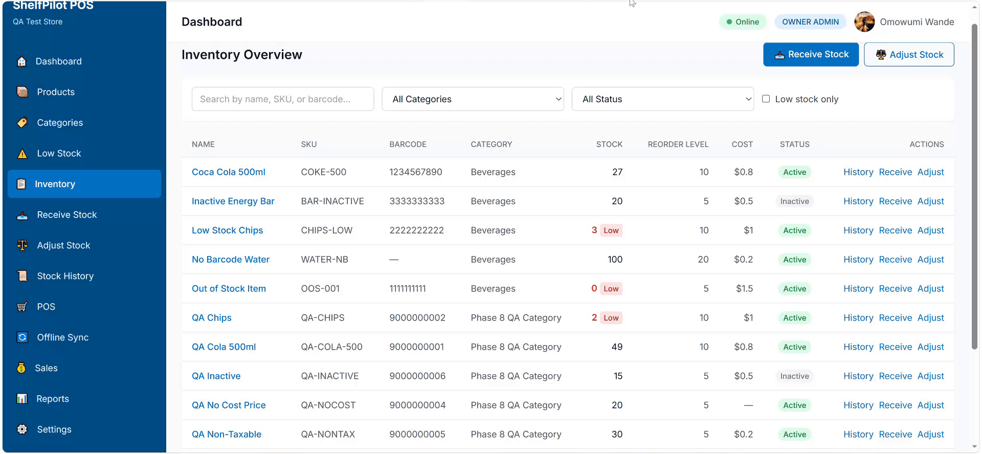 ShelfPilot POS inventory overview showing all products with stock quantities, categories, and search filters