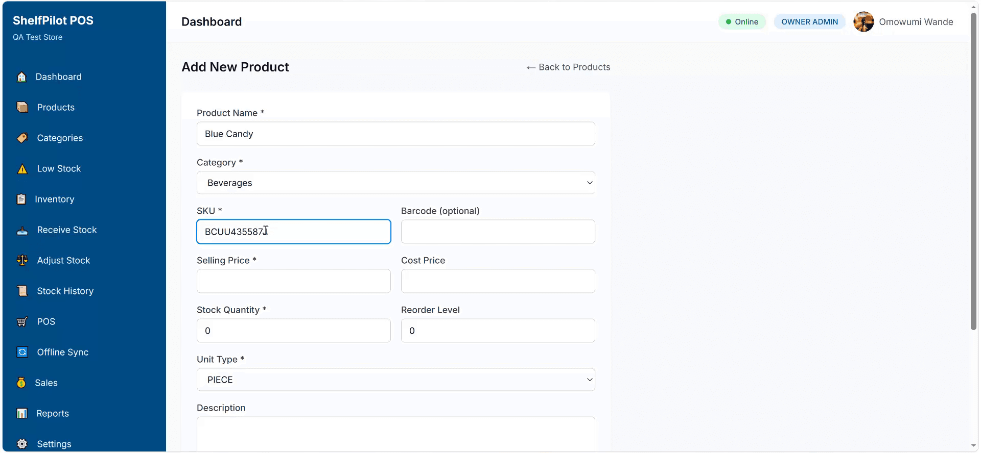ShelfPilot POS add new product form showing fields for product name, category, SKU, barcode, selling price, stock quantity, and tax status