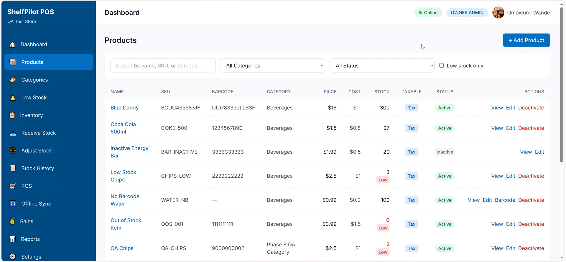 ShelfPilot POS product catalogue showing all products with names, prices, stock levels, and active status