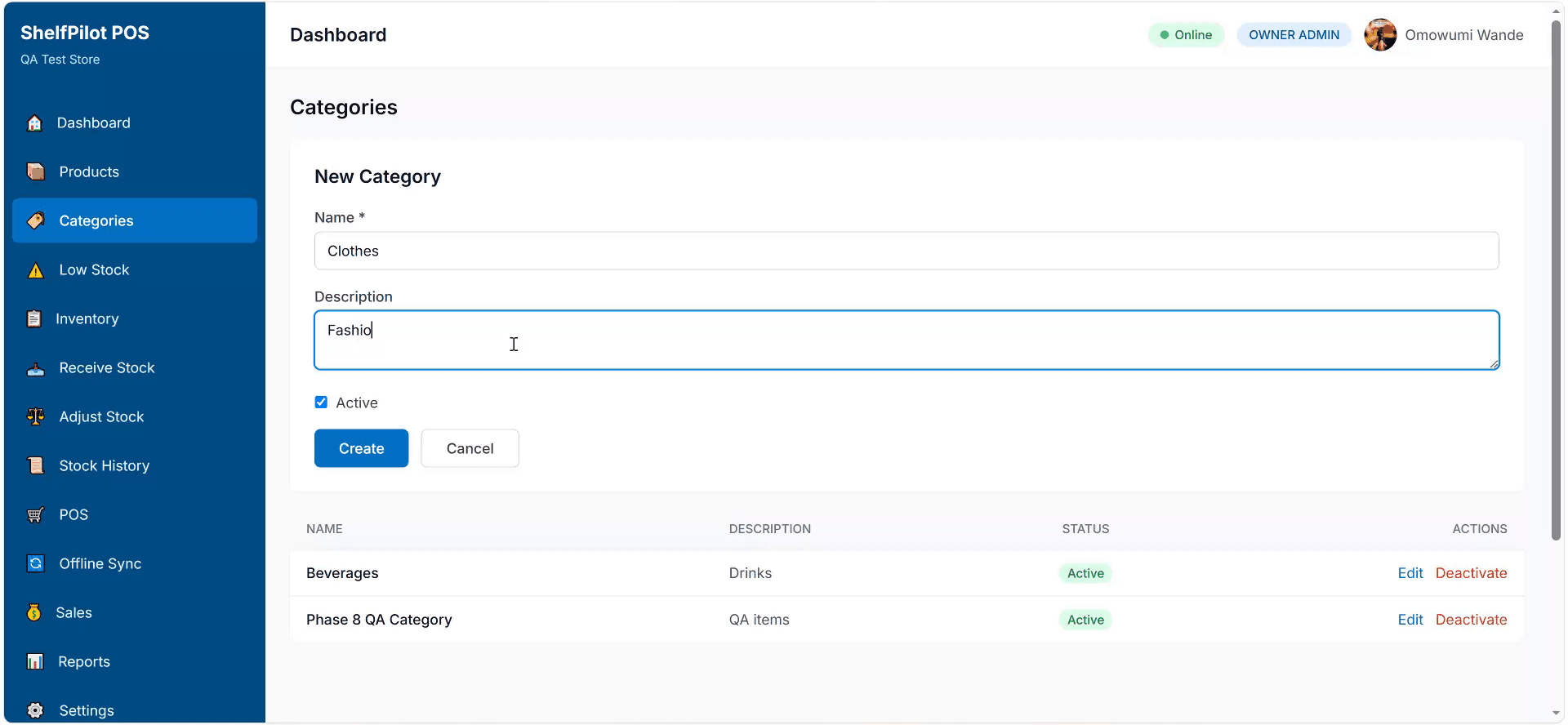 ShelfPilot POS category management screen showing product categories with options to add, edit, and organize