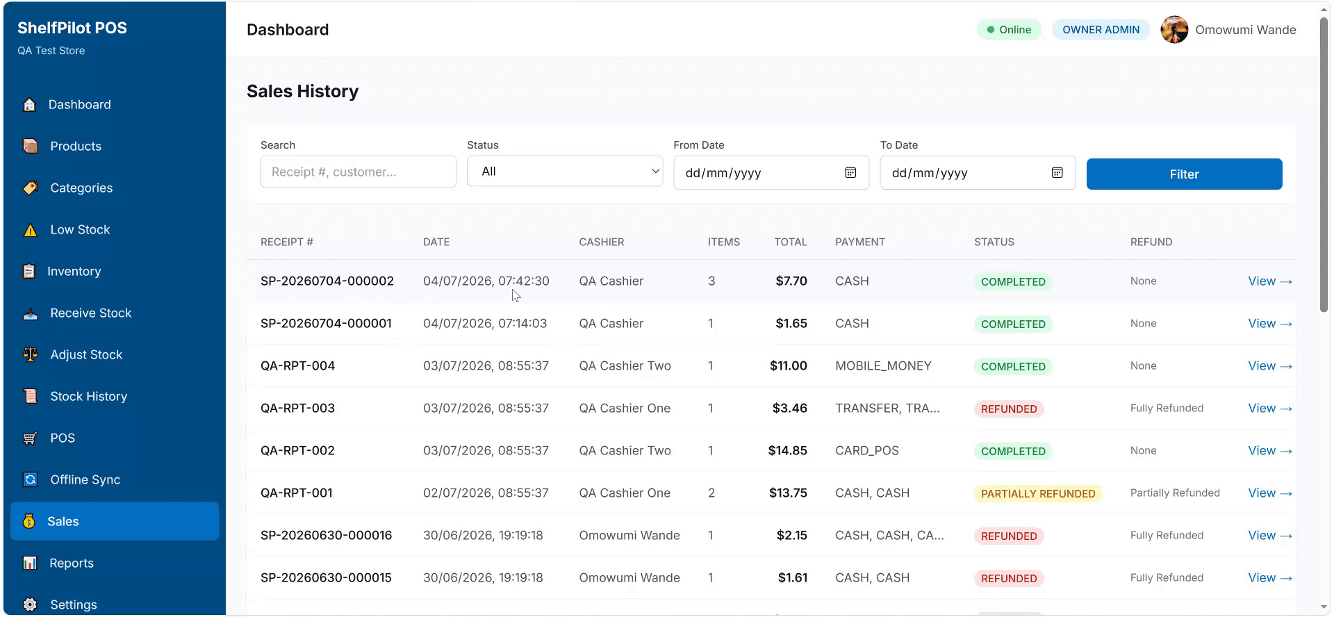 ShelfPilot POS sales history showing a list of completed sales with dates, cashier names, payment methods, and sale totals