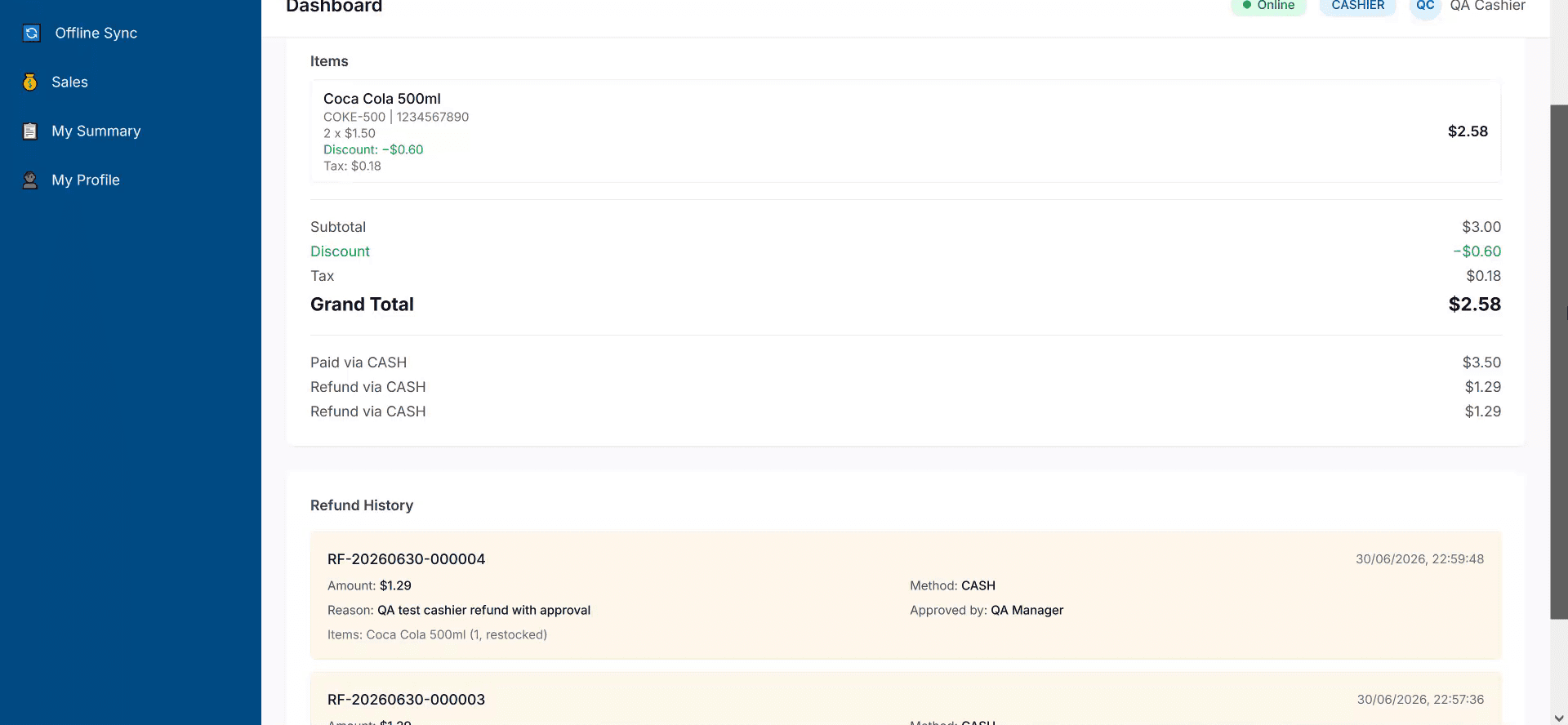 ShelfPilot POS sale and refund details screen showing individual sale items, totals, payment method, and refund options