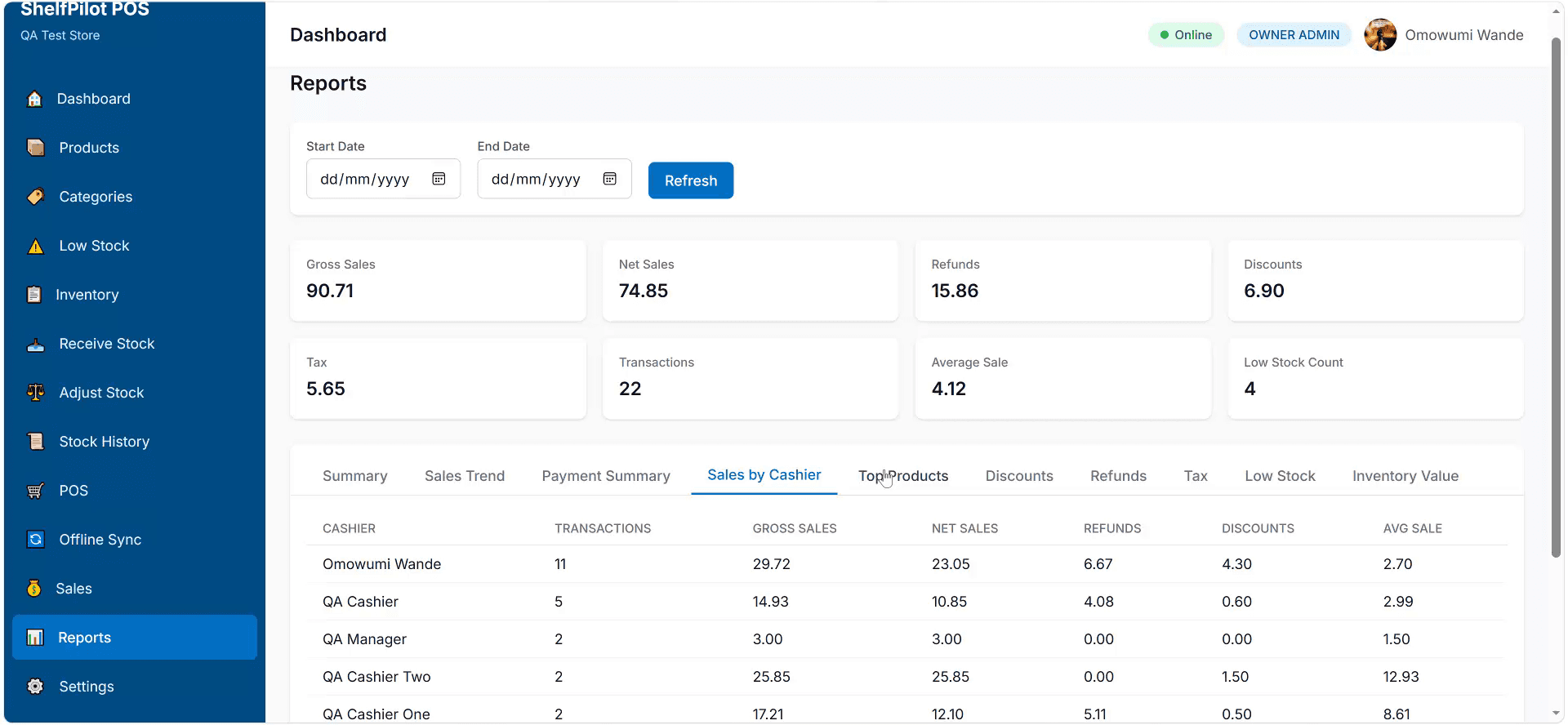 ShelfPilot POS reports and analytics dashboard showing daily sales summary, top-selling products, payment method breakdown, and discount summary