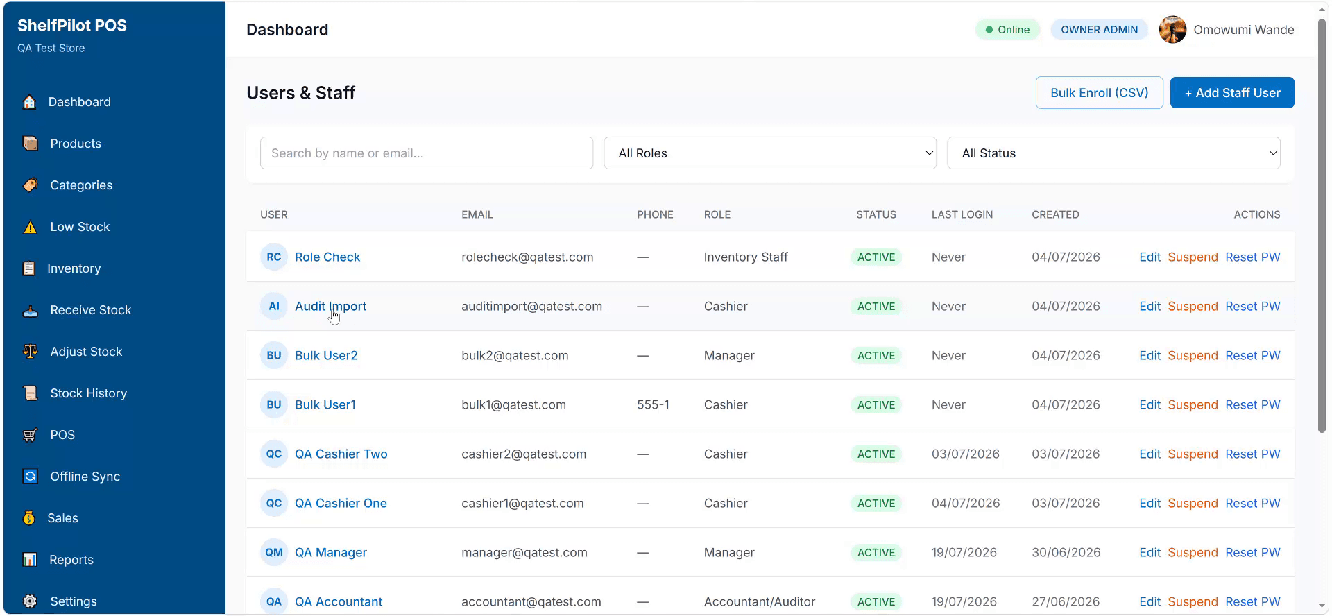 ShelfPilot POS staff and role management screen showing user list with role assignments and permission levels