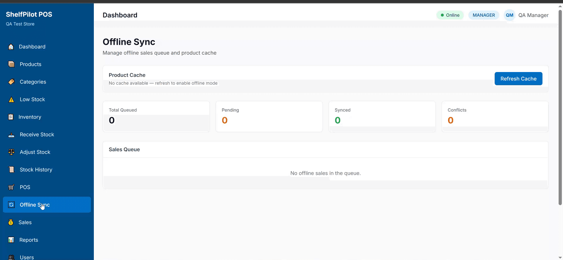 ShelfPilot POS offline sync screen showing queued local sales syncing to the backend with sync status indicators