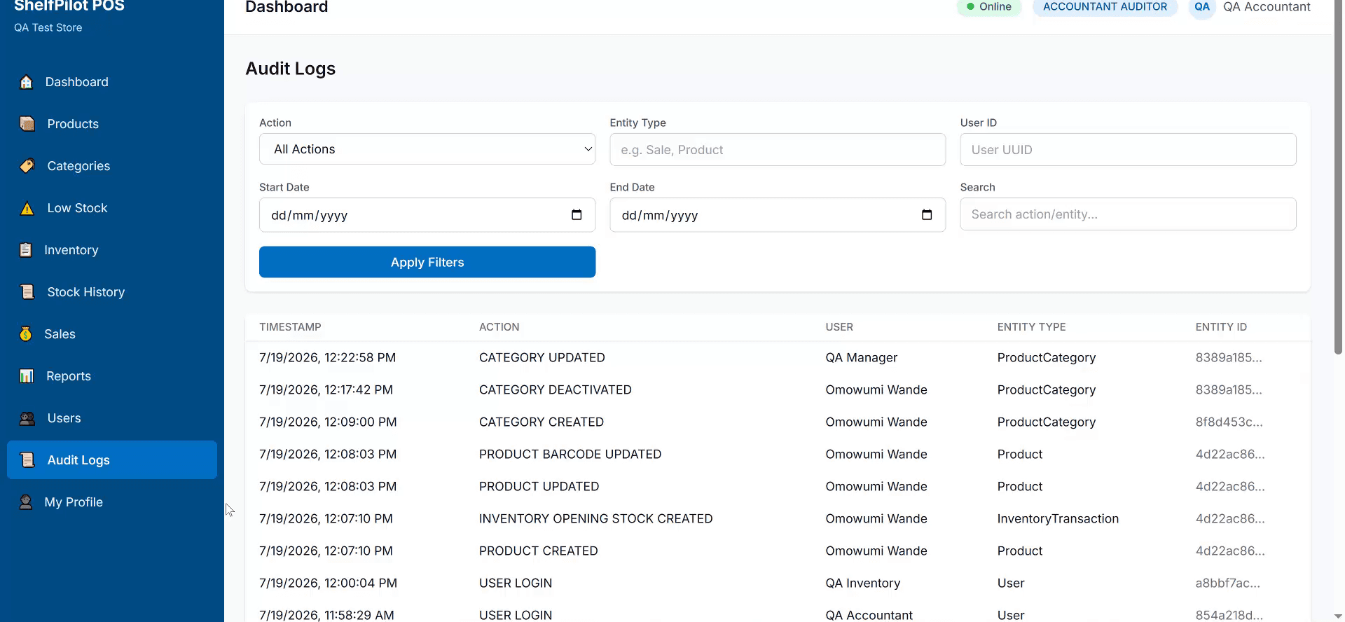 ShelfPilot POS audit logs screen showing a chronological trail of price changes, stock adjustments, refunds, and sensitive actions