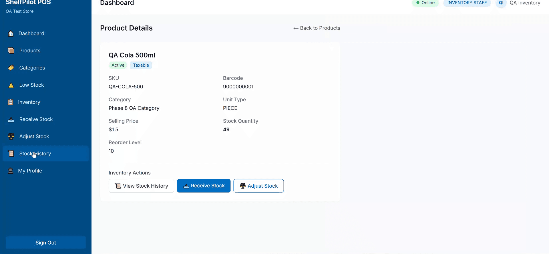 ShelfPilot POS product details screen showing product information including price, stock level, barcode, category, and tax status