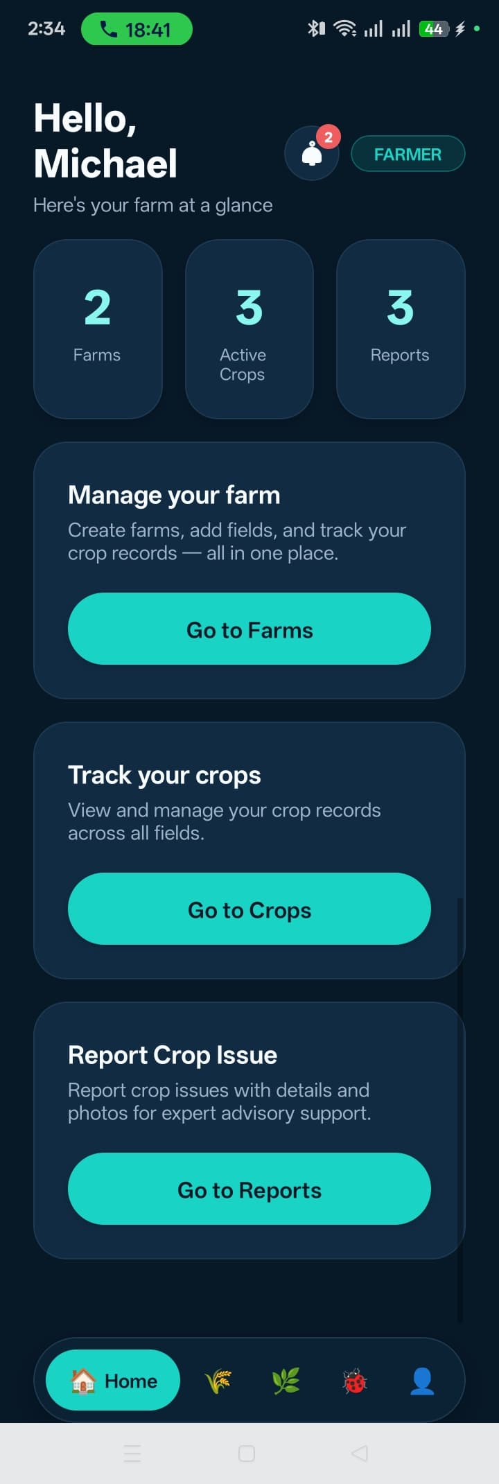 AgroGuard mobile app home dashboard showing quick access to reports and farms