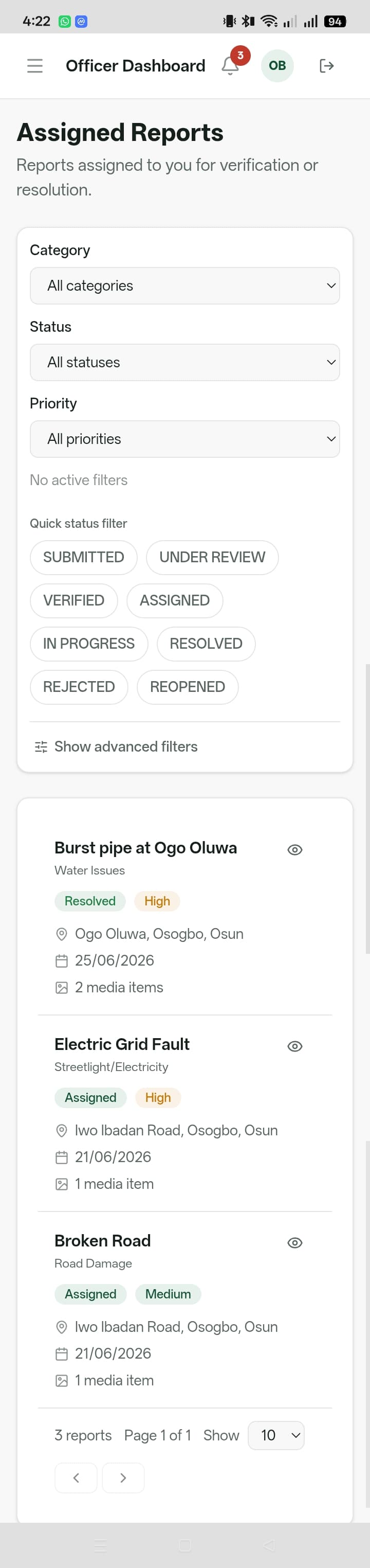 CivicFix — Assigned Reports