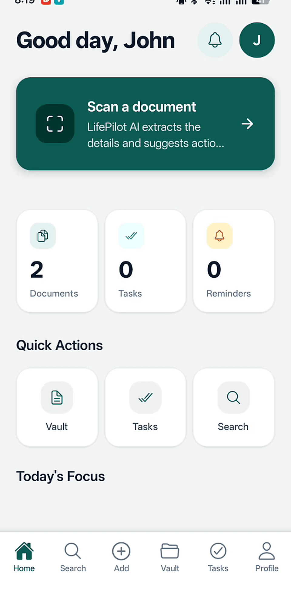 LifePilot AI add document screen showing options for camera photo, image upload, PDF upload, and screenshot upload
