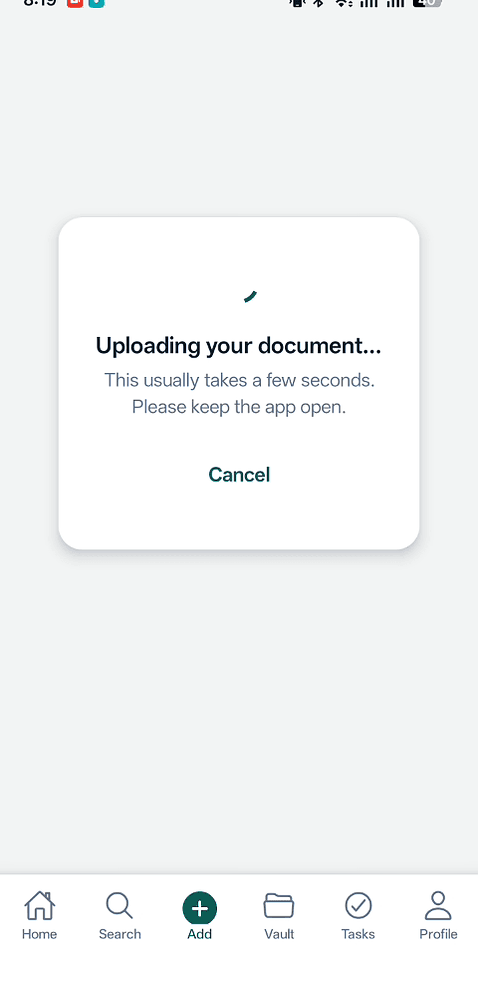 LifePilot AI upload confirmation screen showing a document that has been uploaded successfully and is being processed