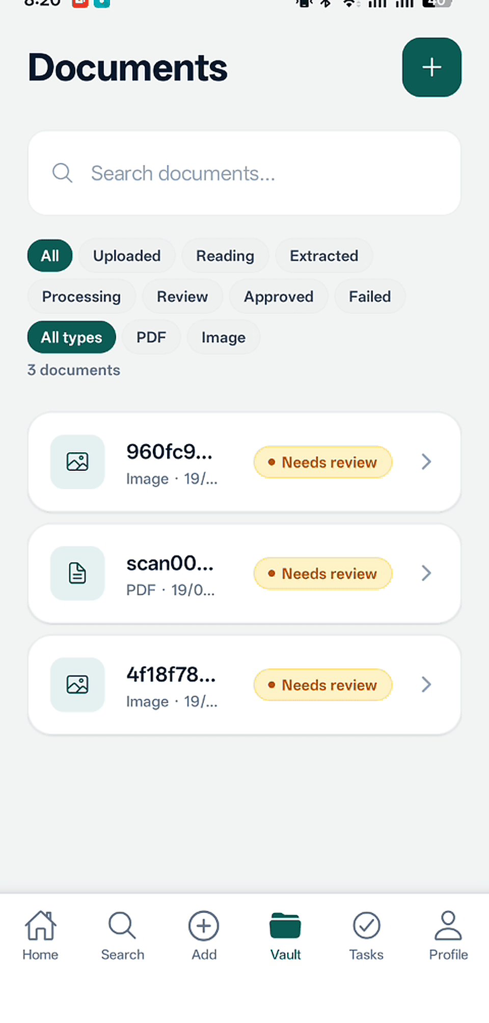 LifePilot AI document vault showing a list of saved documents with titles, categories, processing status badges, and summary previews
