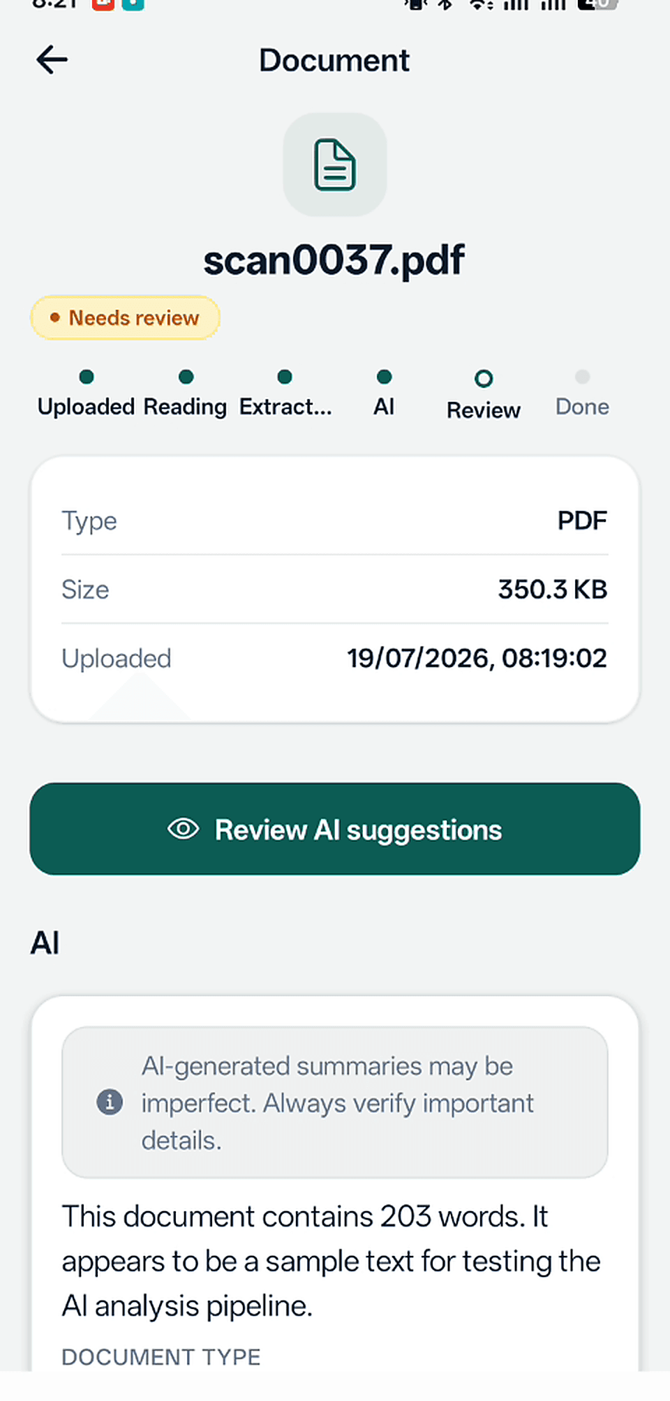 LifePilot AI document summary screen showing an AI-generated plain-language summary with important dates, amounts, and suggested next steps