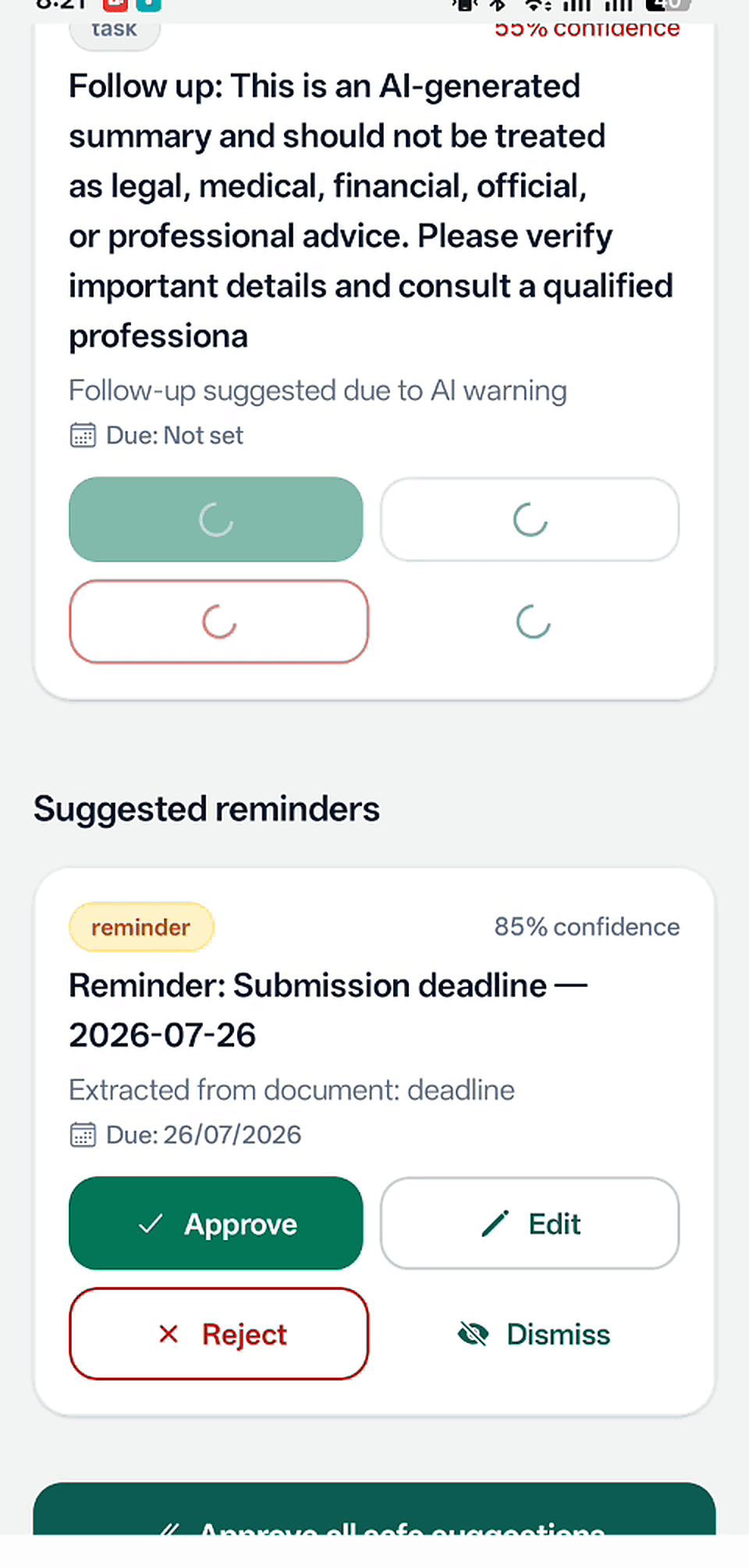 LifePilot AI review screen showing AI-generated task and reminder suggestions with approve, edit, and reject options awaiting user approval