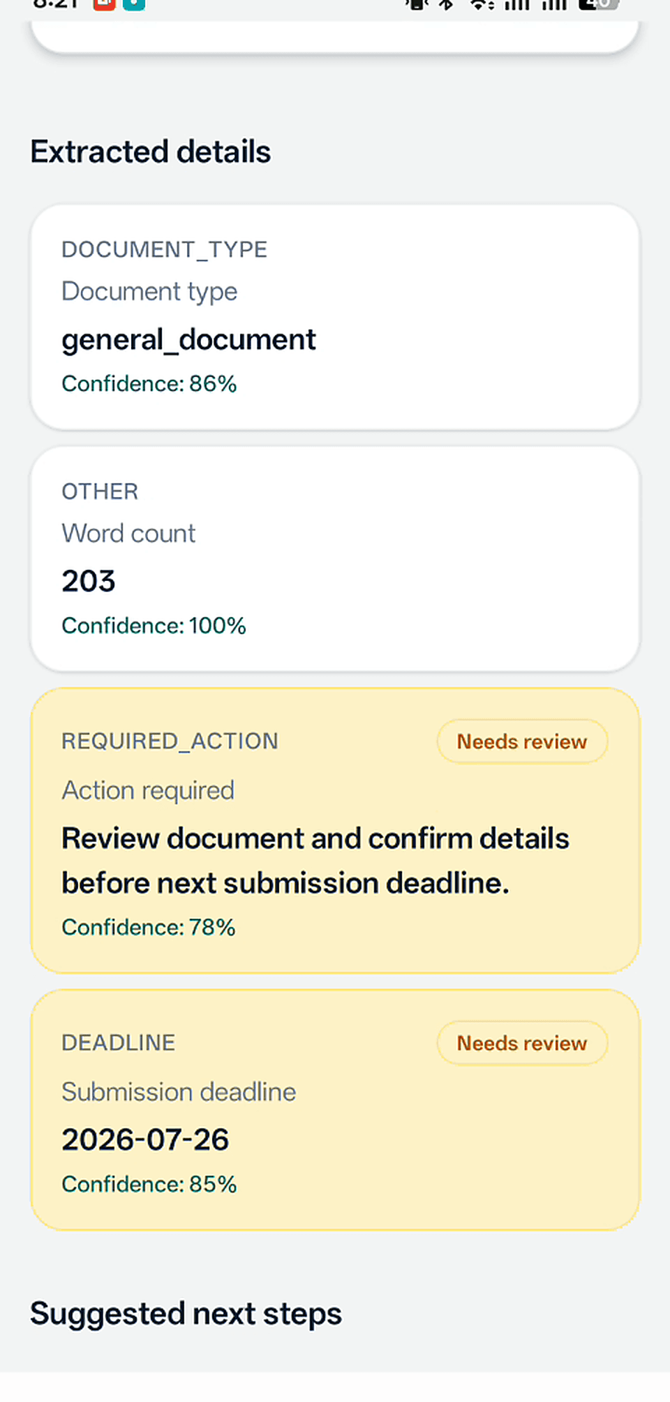 LifePilot AI extracted details screen showing structured information including document type, deadline date, amounts, and names extracted from the document