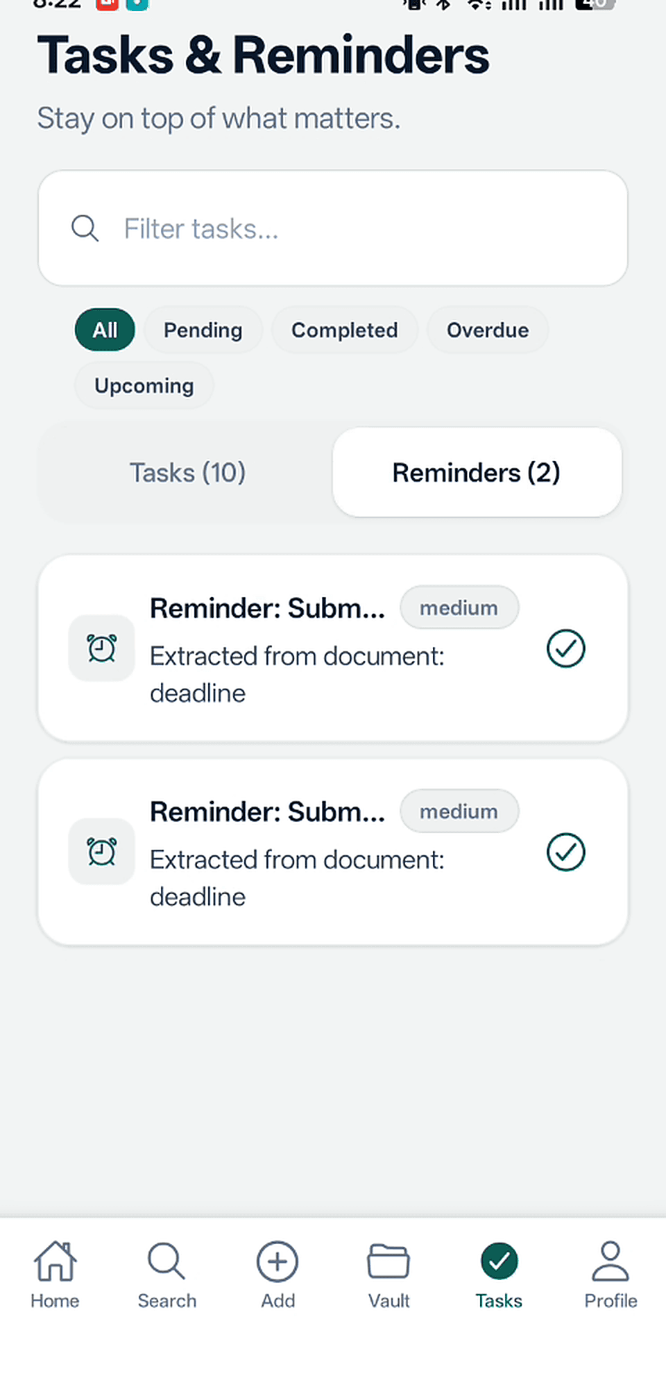 LifePilot AI tasks and reminders screen showing approved tasks with due dates, priority badges, and reminder timing options