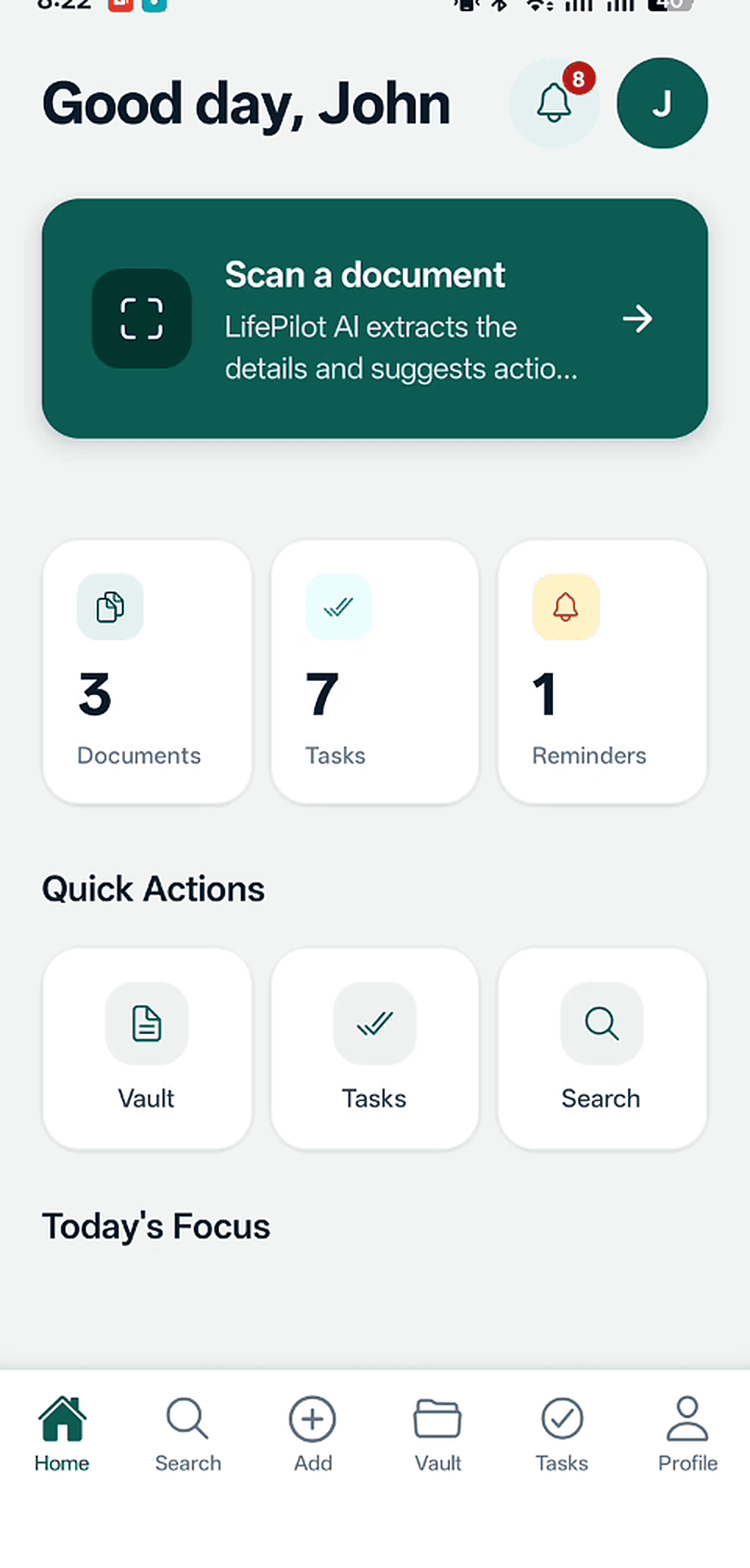LifePilot AI Today's Focus dashboard showing the most relevant tasks and reminders due today, with upcoming deadlines and quick actions